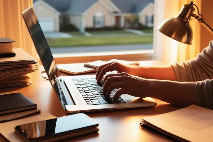 A cozy home office with a laptop, keyboard, and pile of documents, bathed in warm, soft lighting. A person's hands typing intently on the keyboard, surrounded by the tools of the digital trade - a smartphone, a notebook, and a stylish desk lamp. The background features a tranquil, blurred view of a suburban neighborhood, conveying a sense of focus and productivity in a comfortable, familiar setting. The overall atmosphere evokes the idea of earning money through online text work, accessible to anyone with basic computer skills. Um aconchegante escritório em casa com um laptop, teclado e uma pilha de documentos, banhado por uma iluminação suave e aconchegante. As mãos de uma pessoa digitando atentamente no teclado, cercada pelas ferramentas do comércio digital – um smartphone, um notebook e uma elegante luminária de mesa. O fundo apresenta uma vista tranquila e desfocada de um bairro suburbano, transmitindo uma sensação de foco e produtividade em um ambiente confortável e familiar
