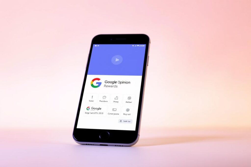 A modern, minimalist illustration of the "Google Opinion Rewards" mobile app interface. Set against a clean, pastel-colored background, the app's logo and interface elements are prominently displayed in the foreground, with a soft, diffused lighting that creates a sense of depth and dimension. The interface features clear, intuitive icons and a simple, user-friendly layout, conveying the idea of an easy-to-use and rewarding app for earning money on the go. The overall aesthetic is sleek, professional, and tailored to the "Os melhores aplicativos para ganhar dinheiro" section of the article. Uma ilustração moderna e minimalista da interface do aplicativo móvel "Google Opinion Rewards". Com um fundo limpo em tons pastéis, o logotipo e os elementos da interface do aplicativo são exibidos com destaque em primeiro plano, com uma iluminação suave e difusa que cria uma sensação de profundidade e dimensão. A interface apresenta ícones claros e intuitivos e um layout simples e intuitivo, transmitindo a ideia de um aplicativo fácil de usar e gratificante para ganhar dinheiro em qualquer lugar. A estética geral é elegante, profissional e adaptada à seção "Os melhores aplicativos para ganhar dinheiro" do artigo.