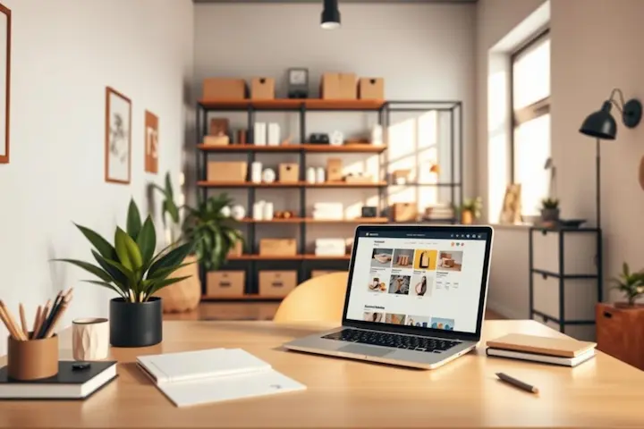 Escritório moderno com laptop exibindo loja virtual, representando como começar um e-commerce com dropshipping.