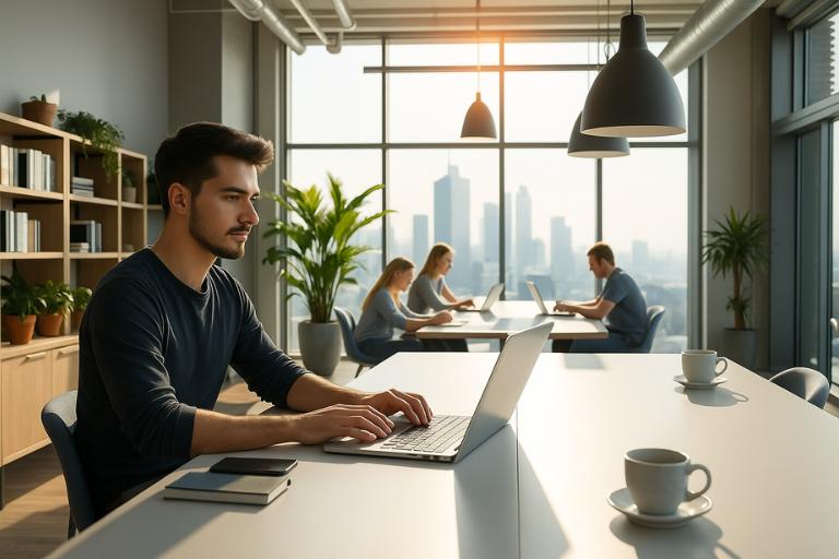 A modern, sleek startup office interior with bright natural lighting streaming through large windows. In the foreground, a young entrepreneur sits at a minimalist desk, intently focused on a laptop screen. Behind them, shelves of books and plants create a cozy, productive atmosphere. The middle ground features colleagues collaborating at a communal table, digital devices and coffee mugs scattered across the surface. In the background, the office opens up to reveal an expansive city skyline visible through floor-to-ceiling windows, conveying a sense of urban potential and opportunity. The overall mood is one of innovative energy, creativity, and the promise of a thriving online business. O interior moderno e elegante de um escritório de startup, com iluminação natural intensa que entra pelas amplas janelas. Em primeiro plano, um jovem empreendedor está sentado a uma mesa minimalista, concentrado na tela de um laptop. Atrás dele, estantes de livros e plantas criam uma atmosfera aconchegante e produtiva. No centro, colegas colaboram em uma mesa comunitária, com dispositivos digitais e canecas de café espalhados pela superfície. Ao fundo, o escritório se abre para revelar um amplo horizonte urbano, visível através de janelas do chão ao teto, transmitindo uma sensação de potencial e oportunidade urbana. O clima geral é de energia inovadora, criatividade e a promessa de um negócio online próspero.