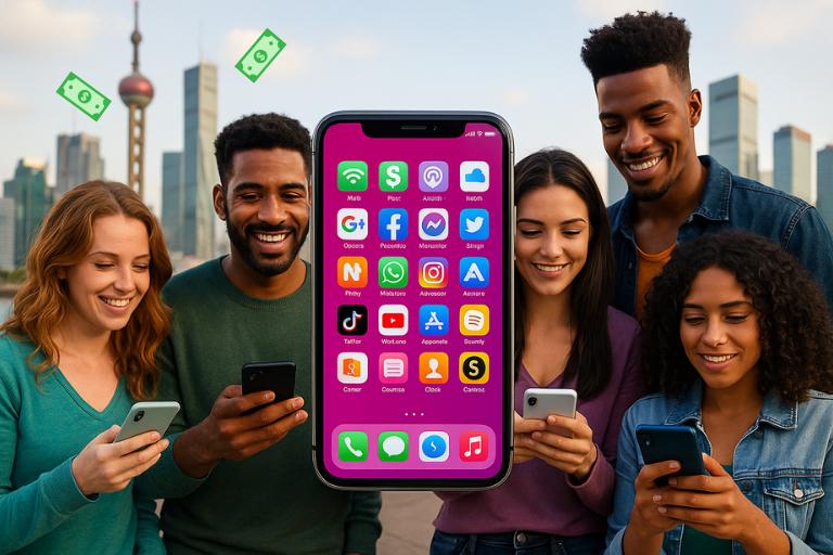 A vibrant, colorful illustration depicting various methods to earn money through mobile apps. In the foreground, a smartphone screen displays a selection of popular money-making apps, each with distinct icons and interfaces. The middle ground showcases people of diverse backgrounds actively engaging with their devices, their expressions conveying a sense of enthusiasm and financial empowerment. The background features a dynamic cityscape, with skyscrapers and tech-inspired elements, symbolizing the digital landscape of modern income opportunities. The overall composition exudes a sense of dynamism, innovation, and the potential for personal financial growth through the power of mobile technology. Uma ilustração vibrante e colorida que retrata vários métodos para ganhar dinheiro por meio de aplicativos móveis. Em primeiro plano, a tela de um smartphone exibe uma seleção de aplicativos populares para ganhar dinheiro, cada um com ícones e interfaces distintos. O plano central mostra pessoas de diversas origens interagindo ativamente com seus dispositivos, com expressões que transmitem entusiasmo e empoderamento financeiro. O fundo apresenta uma paisagem urbana dinâmica, com arranha-céus e elementos inspirados em tecnologia, simbolizando o cenário digital das oportunidades de renda modernas. A composição geral exala uma sensação de dinamismo, inovação e o potencial de crescimento financeiro pessoal por meio do poder da tecnologia móvel.