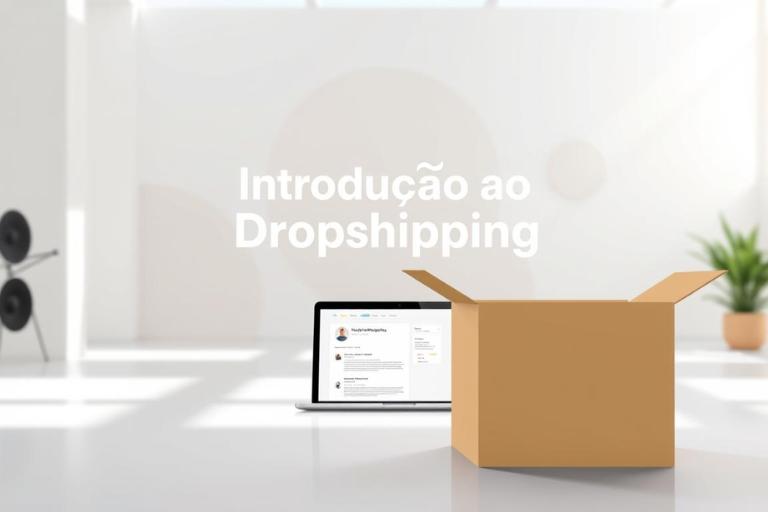 A modern, clean, and minimalist illustration of the concept of dropshipping. Set in a bright, airy, and contemporary studio environment, with natural lighting and a soft, diffused glow. In the foreground, a stylized graphic representation of a package or shipping box, conveying the core idea of dropshipping. In the middle ground, a laptop or tablet displaying relevant information about the dropshipping process, with clean, legible typography. The background should feature simple, geometric shapes or patterns, creating a balanced and visually appealing composition. The overall mood should be professional, informative, and inviting, reflecting the educational nature of the "Introdução ao Dropshipping" section. Uma ilustração moderna, limpa e minimalista do conceito de dropshipping. Ambientado em um ambiente de estúdio iluminado, arejado e contemporâneo, com iluminação natural e um brilho suave e difuso. Em primeiro plano, uma representação gráfica estilizada de um pacote ou caixa de remessa, transmitindo a ideia central do dropshipping. No meio, um laptop ou tablet exibindo informações relevantes sobre o processo de dropshipping, com tipografia limpa e legível. O fundo deve apresentar formas ou padrões geométricos simples, criando uma composição equilibrada e visualmente atraente. O clima geral deve ser profissional, informativo e convidativo, refletindo a natureza educacional da seção "Introdução ao Dropshipping".