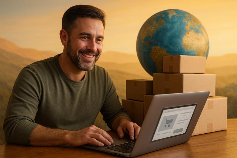 A serene and minimalist illustration showcasing the advantages of dropshipping. In the foreground, a merchant wearing a casual outfit stands before a laptop, smiling confidently as they navigate an online store interface. In the middle ground, a stack of shipping boxes and a globe symbolize the global reach and inventory-free nature of dropshipping. The background features a soft, gradient-based landscape, suggesting the flexibility and low overhead of this e-commerce model. Warm lighting casts a sense of optimism and opportunity, inviting the viewer to envision the benefits of adopting a dropshipping strategy. The overall composition conveys the ease, scalability, and financial freedom inherent in this innovative business approach. Uma ilustração serena e minimalista que demonstra as vantagens do dropshipping. Em primeiro plano, um comerciante, vestindo uma roupa casual, está diante de um laptop, sorrindo confiantemente enquanto navega pela interface de uma loja online. No centro, uma pilha de caixas de remessa e um globo simbolizam o alcance global e a natureza livre de estoque do dropshipping. O fundo apresenta uma paisagem suave em gradiente, sugerindo a flexibilidade e a baixa sobrecarga desse modelo de e-commerce. A iluminação quente transmite uma sensação de otimismo e oportunidade, convidando o observador a visualizar os benefícios de adotar uma estratégia de dropshipping. A composição geral transmite a facilidade, a escalabilidade e a liberdade financeira inerentes a essa abordagem inovadora de negócios.