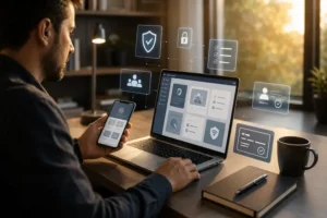 Interface digital com apps confiáveis para renda extra, economia colaborativa e recursos de segurança digital em ambiente profissional.