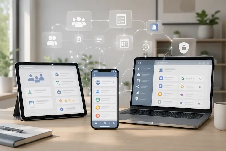 Aplicativos de economia colaborativa integrados em dispositivos digitais para gestão remota e produtividade.