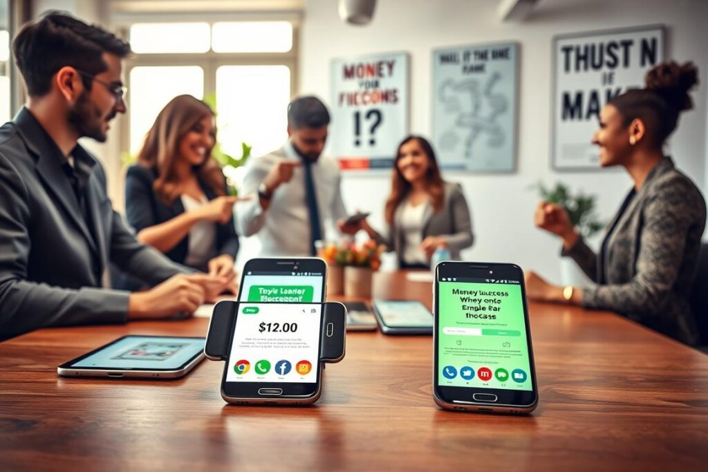 Uma composição vibrante e visualmente envolvente, exibindo uma seleção de aplicativos populares para ganhar dinheiro em smartphones modernos, organizados cuidadosamente sobre uma elegante mesa de madeira. Em primeiro plano, três smartphones com telas brilhantes mostram interfaces de aplicativos que destacam o sucesso financeiro e opções de renda fácil. No plano intermediário, diversos profissionais, vestidos com trajes casuais de negócios, colaboram e discutem estratégias enquanto apontam para as telas dos smartphones. Ao fundo, um ambiente de escritório amplo e iluminado, com luz natural entrando pelas grandes janelas, plantas e pôsteres motivacionais que retratam a liberdade financeira, cria uma atmosfera inspiradora. O clima geral transmite otimismo e profissionalismo, convidando os espectadores a explorar oportunidades de ganhos confiáveis. A imagem foi capturada com um efeito de foco suave para realçar os tons quentes e a sensação de acessibilidade.