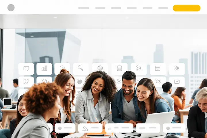 Profissionais analisando plataformas freelancer para iniciantes em ambiente digital com ícones de serviços e colaboração remota.