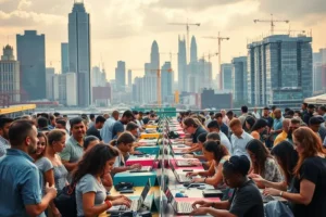 Profissionais em ambiente de coworking digital operando laptops em uma cidade moderna, representando plataformas freelancer para iniciantes e o mercado de trabalho remoto.