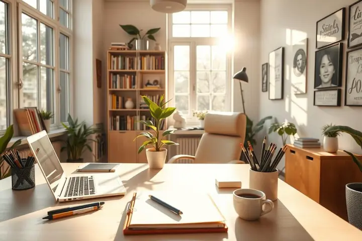 Escritório home office iluminado com laptop e café, representando a produtividade do trabalho freelance.