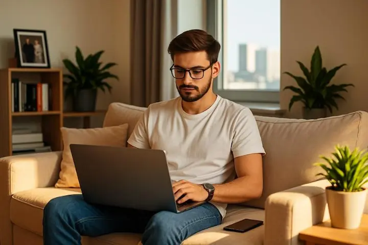 Profissional atuando em ambiente de trabalho remoto organizado com suporte de ferramentas de produtividade digital.