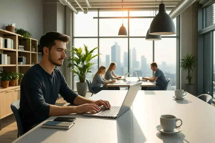 A modern, sleek startup office interior with bright natural lighting streaming through large windows. In the foreground, a young entrepreneur sits at a minimalist desk, intently focused on a laptop screen. Behind them, shelves of books and plants create a cozy, productive atmosphere. The middle ground features colleagues collaborating at a communal table, digital devices and coffee mugs scattered across the surface. In the background, the office opens up to reveal an expansive city skyline visible through floor-to-ceiling windows, conveying a sense of urban potential and opportunity. The overall mood is one of innovative energy, creativity, and the promise of a thriving online business. Ambiente de escritório moderno ilustrando os protocolos de implementação de um negócio digital de sucesso.