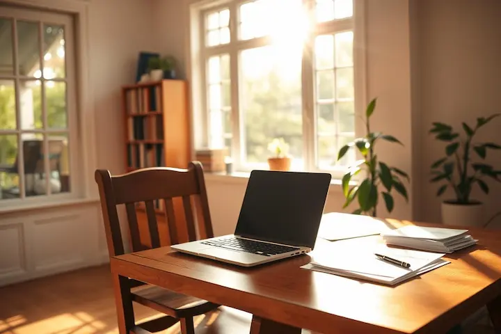 Escritório doméstico moderno e organizado, representando a infraestrutura digital necessária para modelos de negócios escaláveis.