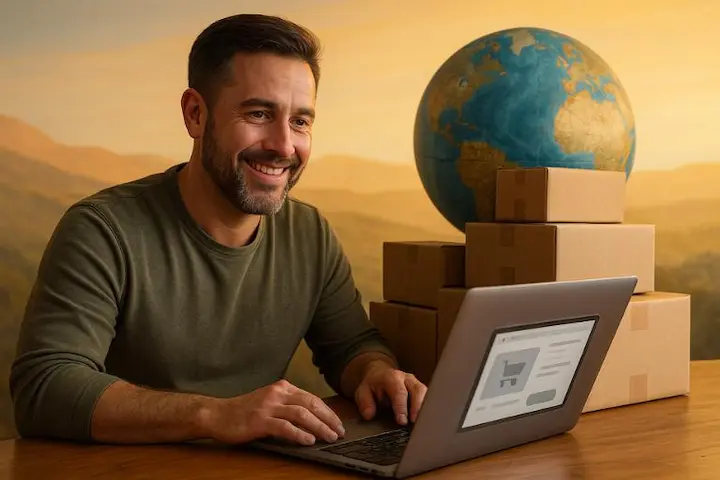 A serene and minimalist illustration showcasing the advantages of dropshipping. In the foreground, a merchant wearing a casual outfit stands before a laptop, smiling confidently as they navigate an online store interface. In the middle ground, a stack of shipping boxes and a globe symbolize the global reach and inventory-free nature of dropshipping. The background features a soft, gradient-based landscape, suggesting the flexibility and low overhead of this e-commerce model. Warm lighting casts a sense of optimism and opportunity, inviting the viewer to envision the benefits of adopting a dropshipping strategy. The overall composition conveys the ease, scalability, and financial freedom inherent in this innovative business approach. Empreendedor analisando a viabilidade do modelo de gestão sem estoque através de um laptop e escala global.