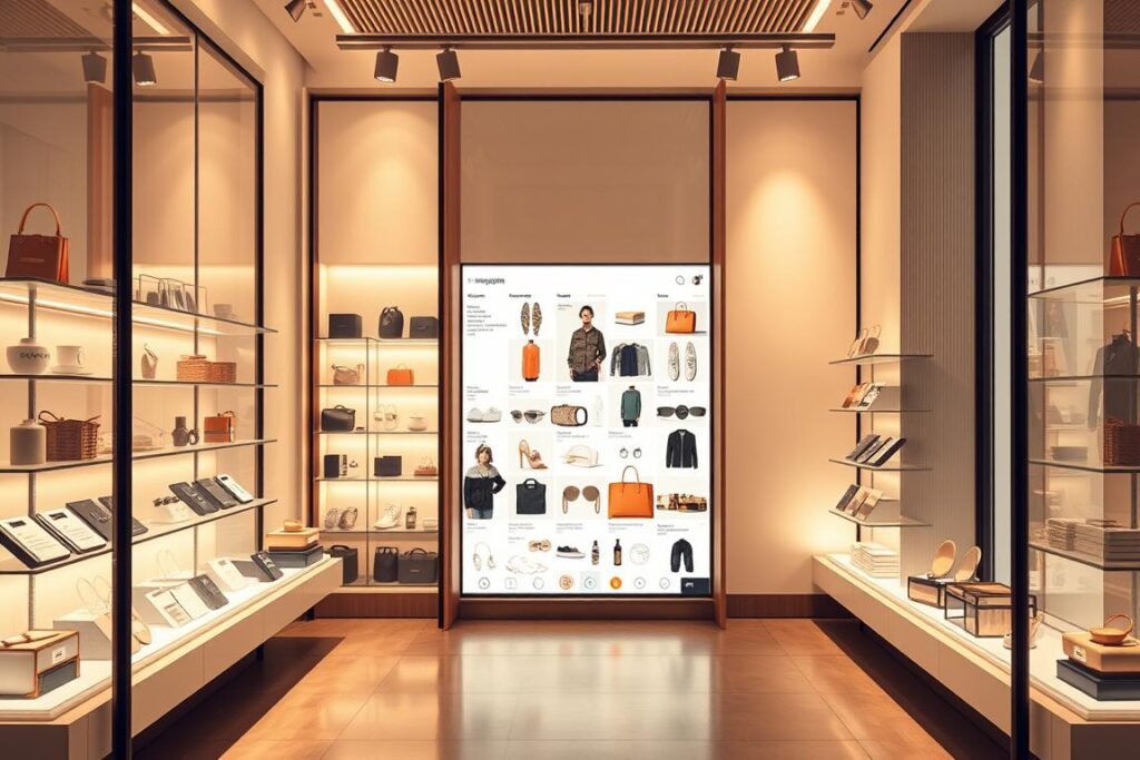 Uma vitrine digital chique e moderna, exibindo diversos produtos de estilo de vida e itens de moda, iluminada por uma luz natural e aconchegante que entra pelas grandes janelas. O primeiro plano apresenta uma exposição elegante e minimalista de produtos selecionados, com fotos e etiquetas de produtos impecáveis. O plano central apresenta um layout em grade visualmente atraente com imagens de produtos compráveis, perfeitamente integradas a uma interface de usuário inspirada no Instagram. Ao fundo, um design de interiores sereno e minimalista, com uma paleta de cores neutras e detalhes sutis, cria um ambiente acolhedor e sofisticado, refletindo a sofisticação da experiência de compras no Instagram.