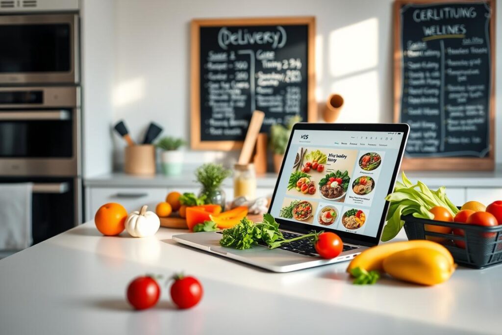 Uma bancada de cozinha minimalista e clean com ingredientes frescos e coloridos dispostos de forma organizada. Um laptop aberto exibe um plano alimentar equilibrado e visualmente atraente. Uma iluminação suave e natural ilumina o ambiente, criando uma atmosfera acolhedora e convidativa. Ao fundo, um quadro negro exibe opções de entrega saudáveis ​​e personalizáveis. A composição geral transmite uma sensação de expertise culinária, bem-estar e a conveniência de refeições caseiras disponíveis sob demanda.