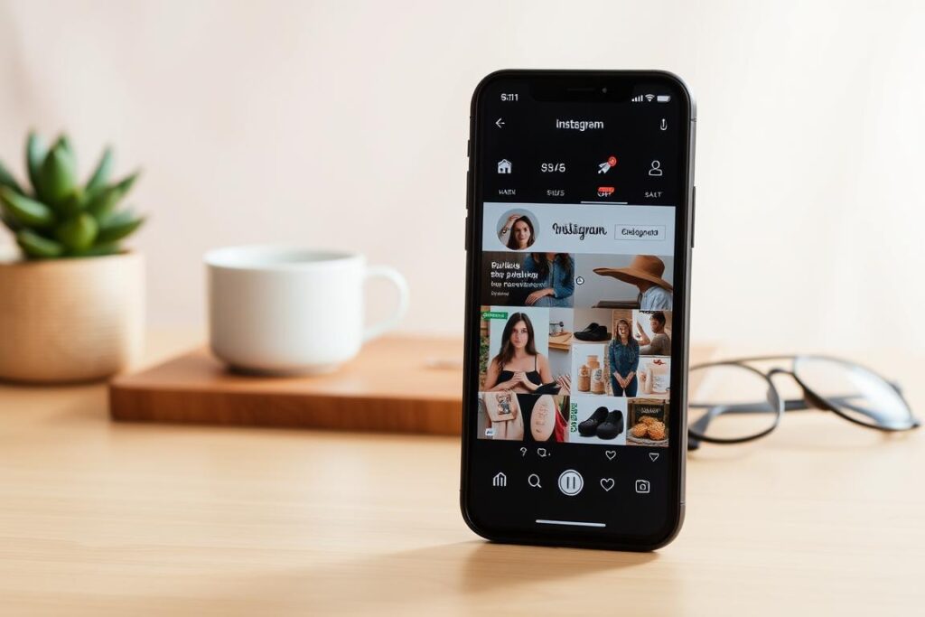 Uma vitrine de compras do Instagram aconchegante e minimalista, com iluminação natural e aconchegante. Em primeiro plano, um smartphone exibe um perfil do Instagram com uma variedade de produtos, todos organizados de forma organizada. O plano central apresenta uma mesa de madeira ou superfície plana, com alguns adereços simples, como uma caneca de cerâmica, uma planta suculenta e um par de óculos de sol. O fundo tem um fundo neutro e desfocado, permitindo que os elementos focais se destaquem. A cena geral transmite uma sensação de monetização autêntica e sem esforço por meio dos recursos de compras do Instagram, perfeita para um artigo sobre como ganhar dinheiro com poucos seguidores.
