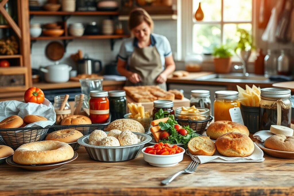 Uma cozinha aconchegante com receitas e ingredientes caseiros. Em primeiro plano, uma mesa de madeira expõe diversos assados, pratos frescos e potes de conservas. No centro, um cozinheiro, de avental limpo, arruma os alimentos com cuidado e atenção. Ao fundo, a luz natural e acolhedora da cozinha entra por uma janela, criando uma atmosfera acolhedora e convidativa. A cena transmite a alegria e o orgulho de trabalhar em casa para criar deliciosas refeições e guloseimas caseiras, prontas para serem compartilhadas e vendidas.