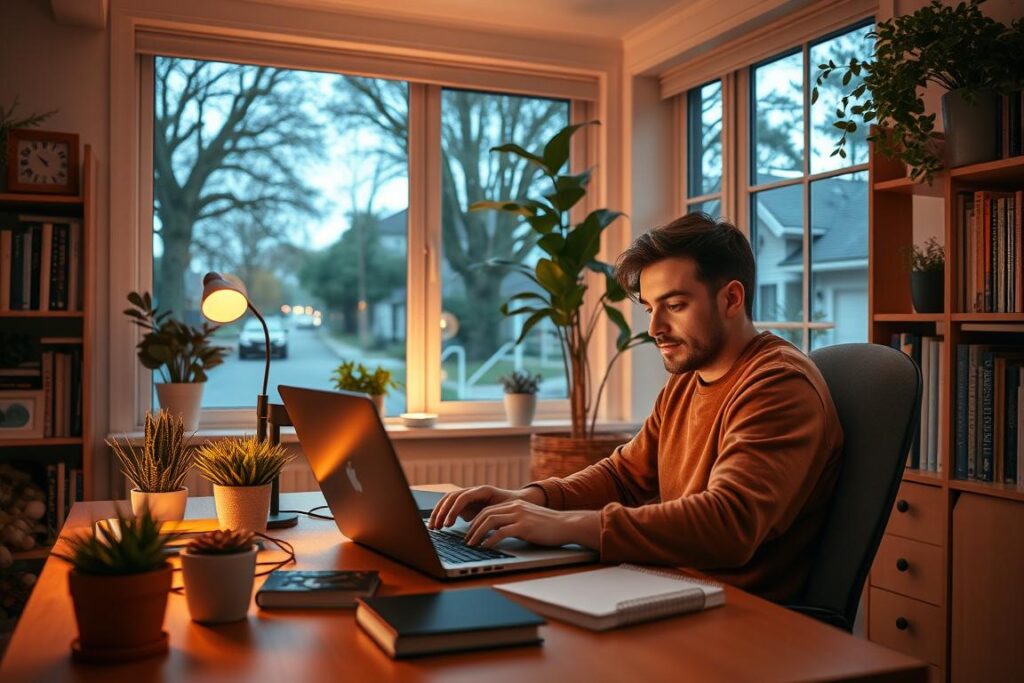 A cozy, well-lit home office with a remote freelance writer working diligently on a laptop. Warm lighting casts a comforting glow, highlighting the writer's focused expression. Bookshelves and potted plants add a touch of personality, while a large window provides a view of a tranquil, tree-lined suburban street outside. The scene conveys a sense of productivity, independence, and the flexibility of the remote freelance lifestyle.