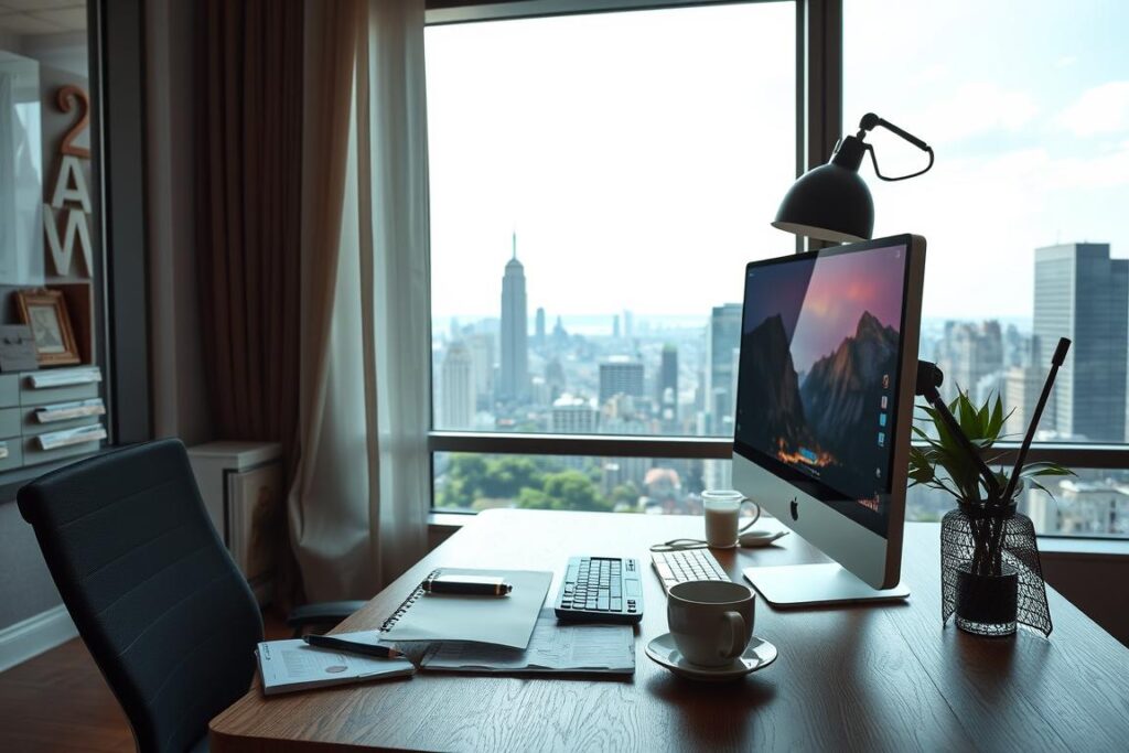A cozy, well-lit office space with a modern computer setup and a variety of business-related items on the desk, such as a notebook, pen, and a cup of coffee. In the background, a large window showcases a scenic view of a bustling city skyline. The overall atmosphere is one of productivity, focus, and a sense of a new online business journey beginning.