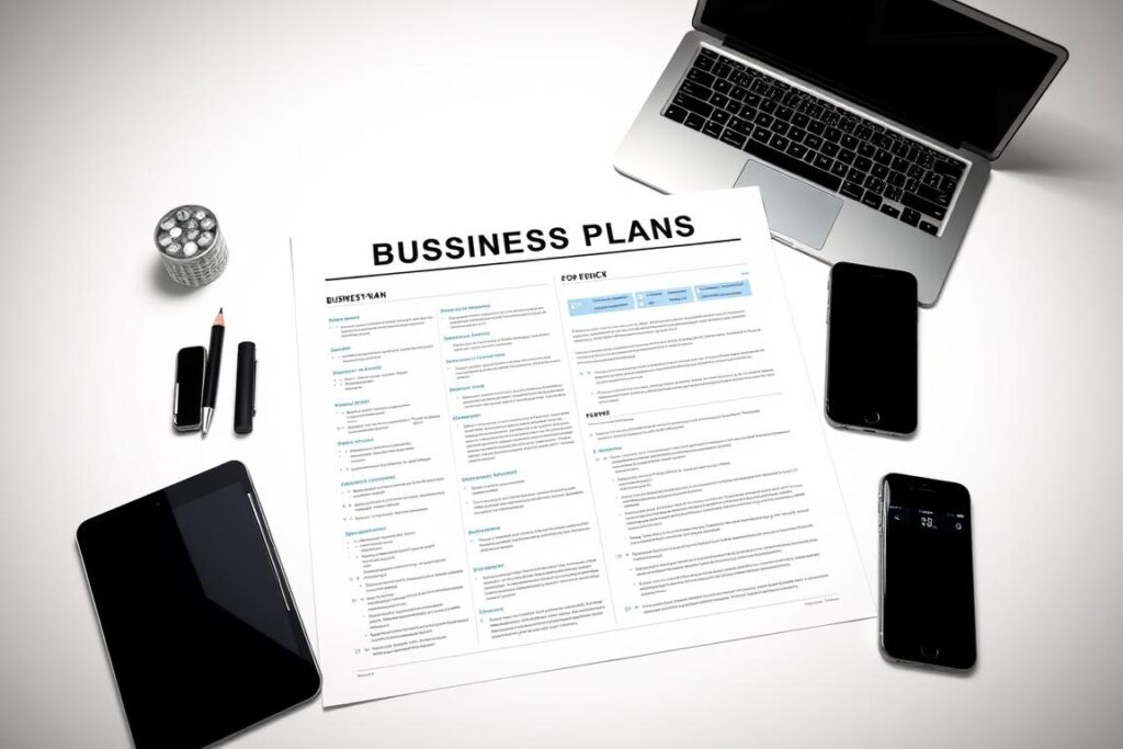 A detailed business plan for a digital enterprise, featuring a modern laptop, financial documents, and digital devices against a clean, minimalist background. The plan is neatly organized, with clear section headings and well-structured content. The lighting is soft and diffused, creating a professional, focused atmosphere. The camera angle is slightly elevated, giving a sense of authority and importance to the subject matter. The overall tone is one of thoughtful planning, strategic vision, and technological sophistication, capturing the essence of building a successful digital business from the ground up.