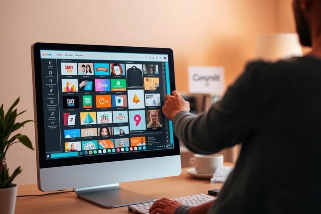 A digital canvas with an array of design tools, Canva offers a user-friendly interface for creating visually stunning graphics. In the foreground, a computer display showcases Canva's intuitive layout, featuring a variety of customizable templates, color palettes, and typography options. The middle ground depicts a person effortlessly manipulating design elements, harnessing Canva's powerful yet accessible features to bring their creative vision to life. The background sets the scene with a warm, inviting atmosphere, suggesting the boundless possibilities for monetization through Canva's versatile platform. Uma tela digital com uma variedade de ferramentas de design, o Canva oferece uma interface amigável para a criação de gráficos visualmente impressionantes. Em primeiro plano, um monitor de computador exibe o layout intuitivo do Canva, com uma variedade de modelos personalizáveis, paletas de cores e opções de tipografia. O centro retrata uma pessoa manipulando elementos de design sem esforço, aproveitando os recursos poderosos e acessíveis do Canva para dar vida à sua visão criativa. O fundo cria uma atmosfera acolhedora e convidativa, sugerindo as infinitas possibilidades de monetização por meio da plataforma versátil do Canva.