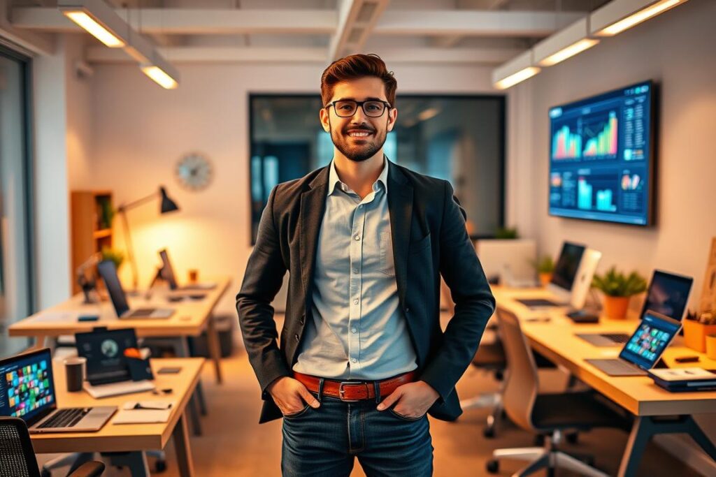 A digital entrepreneur standing confidently in a modern office, surrounded by a dynamic workspace filled with laptops, tablets, and office supplies. Warm, directional lighting casts a soft glow, creating a sense of productivity and innovation. The individual's posture and expression convey a determination to succeed, while the clean, minimalist design of the space reflects the simplicity and focus of digital entrepreneurship. In the background, a wall-mounted display showcases colorful data visualizations, hinting at the data-driven nature of this digital venture. The overall atmosphere is one of ambitious, tech-savvy spirit, ready to embark on a new digital business journey.