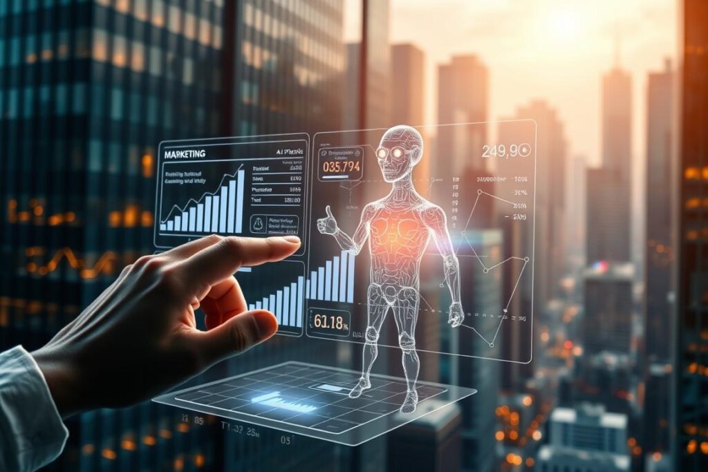 Um sistema de automação de marketing digital impulsionado por inteligência artificial, com uma interface elegante e futurista. Em primeiro plano, uma mão humana interage com dados e análises de marketing holográficos, manipulando métricas de campanha com fluidez. Em segundo plano, um assistente de IA avançado oferece sugestões de otimização em tempo real, com seu avatar projetado como uma presença brilhante e etérea. O fundo retrata uma paisagem urbana de arranha-céus imponentes, cujas janelas refletem a interação dinâmica entre tecnologia e estratégia de marketing. Uma iluminação ambiente e aconchegante emite um brilho sutil, evocando uma sensação de inovação e eficiência. A cena como um todo transmite o poder da automação de marketing orientada por IA para otimizar fluxos de trabalho, aumentar a produtividade e gerar resultados extraordinários.