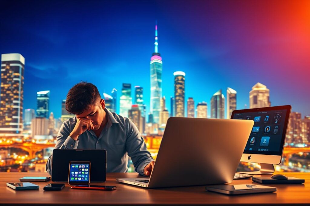 Um cenário dinâmico e atraente de marketing digital. Em primeiro plano, uma pessoa estuda atentamente um laptop, imersa no processo de construção de uma presença online. Atrás dela, um conjunto colorido de dispositivos digitais – smartphones, tablets e um computador de mesa – simbolizando as diversas ferramentas do marketing moderno. Ao fundo, uma paisagem urbana vibrante com arranha-céus e centros de tecnologia, sugerindo o vasto potencial do cenário digital. Uma iluminação quente e difusa cria um clima profissional e inspirador, transmitindo a ideia de embarcar em uma jornada gratificante de marketing digital. A composição equilibra os esforços focados do indivíduo com o mundo mais amplo e tecnológico dos negócios e marketing online.