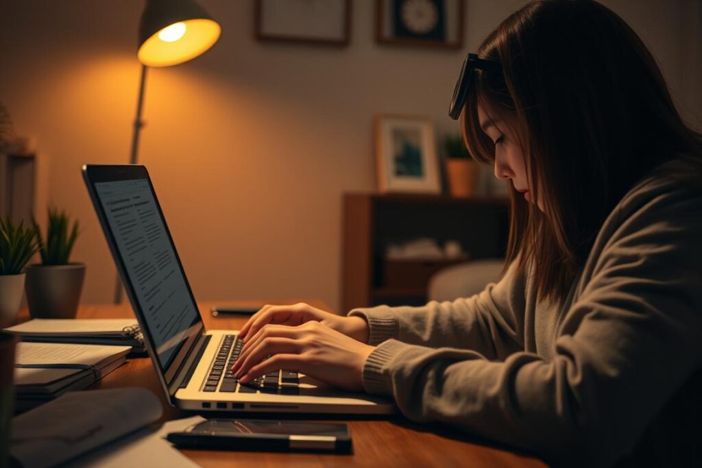 A freelance writer working remotely from a cozy home office, laptop open, surrounded by notes and reference materials. Warm lighting illuminates the scene, creating a focused and productive atmosphere. The writer's face is obscured, emphasizing the hands typing away, capturing the essence of the freelance writing craft. The background features a minimalist, modern decor, hinting at the flexibility and independence of this remote career. An image that evokes the confidence and determination of a successful freelance writer.