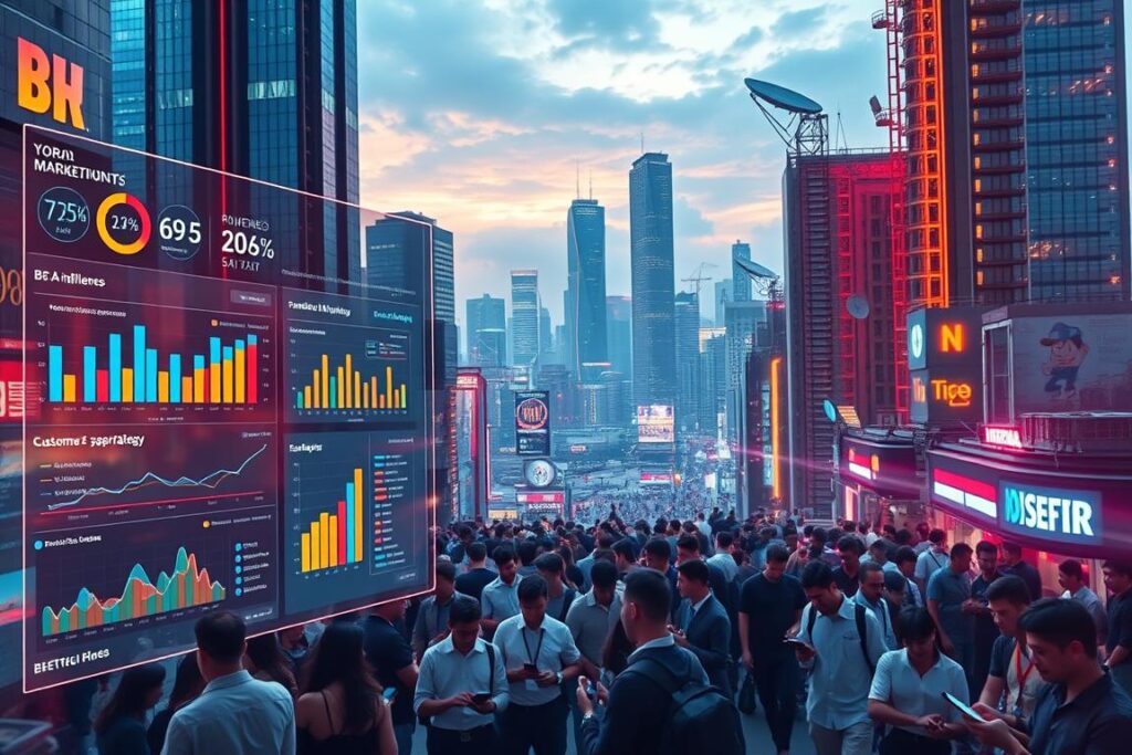 Uma paisagem urbana futurista com arranha-céus imponentes e luzes de néon brilhantes, banhada por um brilho quente e vibrante. Em primeiro plano, um painel digital exibe diversas métricas e insights de marketing, impulsionados por inteligência artificial. Interfaces elegantes e simplificadas mostram campanhas publicitárias direcionadas, segmentação de clientes e análises preditivas, tudo perfeitamente integrado para otimizar a estratégia de marketing. No plano intermediário, uma multidão de profissionais antenados em tecnologia, imersos em seus dispositivos móveis, exploram as mais recentes ferramentas de marketing baseadas em IA. Ao fundo, um panorama impressionante do horizonte da cidade, com data centers imponentes e antenas parabólicas, simboliza a infraestrutura tecnológica que possibilita o poder transformador da IA ​​no cenário do marketing digital.