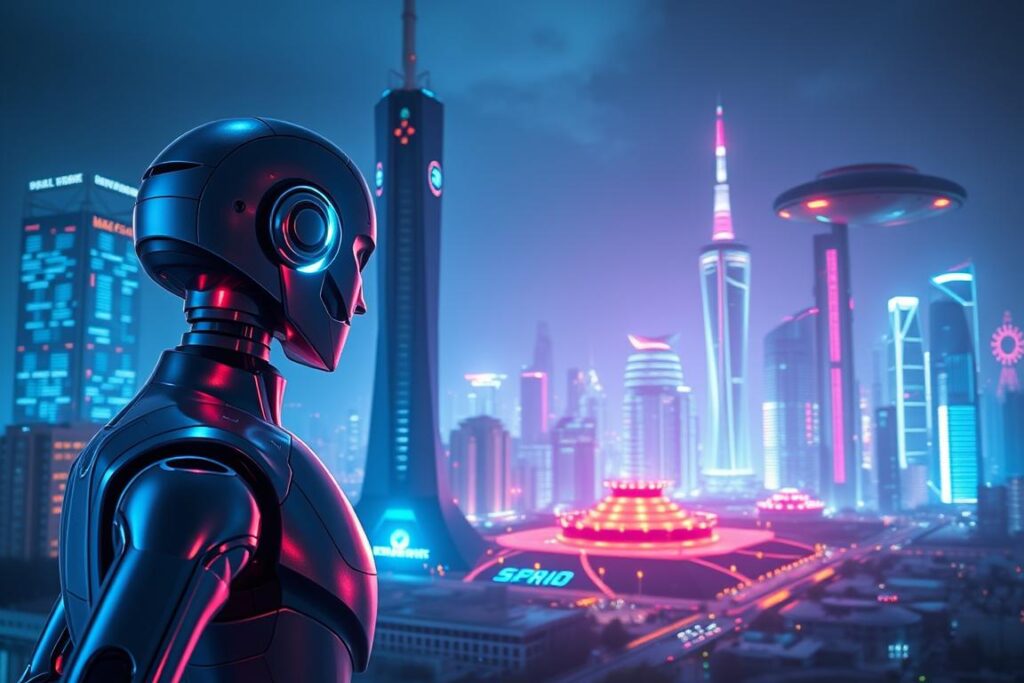 Um cenário futurista de marketing digital, iluminado por uma interface holográfica brilhante. Em primeiro plano, um assistente de IA elegante comanda a cena, sua forma metálica projetando sombras dinâmicas. No plano intermediário, torres de dados imponentes exibem seus painéis luminosos pulsando com informações. Ao fundo, uma paisagem urbana de arranha-céus reluzentes e cápsulas de transporte flutuantes, tudo banhado por um vibrante brilho neon. A atmosfera é de inovação tecnológica e potencial ilimitado, capturando a essência do marketing digital impulsionado por IA. Iluminação cinematográfica e uma lente grande angular criam uma sensação de admiração e imersão.