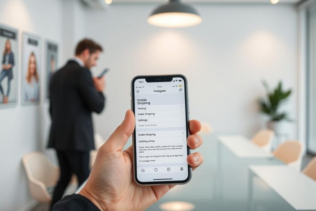 Uma imagem realista e de alta qualidade dos requisitos para ativar o Instagram Shopping, apresentando a tela de um smartphone exibindo a interface de compras do Instagram. O primeiro plano mostra a tela do smartphone com o botão "Habilitar Compras" e as configurações. O plano do meio mostra as mãos de uma pessoa interagindo com o smartphone. O fundo é um ambiente de escritório limpo e minimalista, com iluminação suave, proporcionando uma atmosfera profissional e informativa. A cena transmite uma sensação de facilidade e simplicidade, refletindo o processo de configuração do Instagram Shopping.