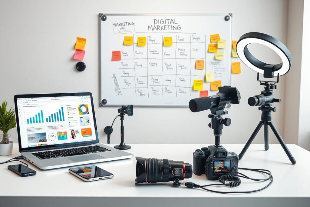 Uma imagem altamente detalhada e realista que apresenta uma variedade de ferramentas essenciais de marketing digital. Em primeiro plano, um laptop elegante, um smartphone e um tablet estão dispostos sobre uma mesa minimalista, cada um exibindo diversos aplicativos de análise digital, mídias sociais e criação de conteúdo. O plano central apresenta uma câmera profissional, um microfone e um ring light, sugerindo capacidades de produção de conteúdo. Ao fundo, um quadro branco fixado na parede exibe uma estratégia de marketing digital, com post-its coloridos e um calendário magnético. A cena geral transmite um espaço de trabalho produtivo e tecnológico, otimizado para iniciativas de marketing digital bem-sucedidas.