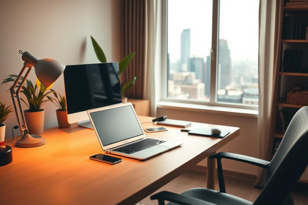 Um escritório em casa com laptop, smartphone e dispositivos digitais, transmitindo o conceito de afiliados digitais ou fontes de renda online. O ambiente é bem iluminado, com uma atmosfera acolhedora e convidativa. A mesa é organizada, com uma estética minimalista e moderna. Uma grande janela ao fundo proporciona iluminação natural e vista para o horizonte da cidade, sugerindo um ambiente urbano e aconchegante. O clima geral é de produtividade, flexibilidade e a possibilidade de trabalhar remotamente e gerar renda sustentável.
