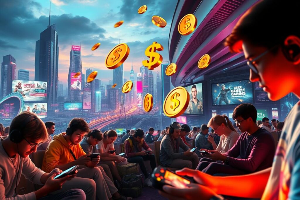 Uma paisagem digital exuberante e colorida que retrata a monetização de videogames. Em primeiro plano, um grupo de jogadores concentra-se em diversos dispositivos, com os rostos iluminados pela luz das telas. Em segundo plano, uma série de elegantes moedas de ouro e cifrões flutuam e dançam, simbolizando o potencial de ganho financeiro através dos jogos. O fundo apresenta uma paisagem urbana futurista e imponente, com arranha-céus altíssimos e outdoors iluminados por néon anunciando as últimas tendências e oportunidades no mundo dos jogos. A cena é banhada por uma luz dourada e quente, criando uma sensação de prosperidade e oportunidades. A atmosfera geral transmite a ideia de transformar um hobby querido em uma fonte viável de renda extra.