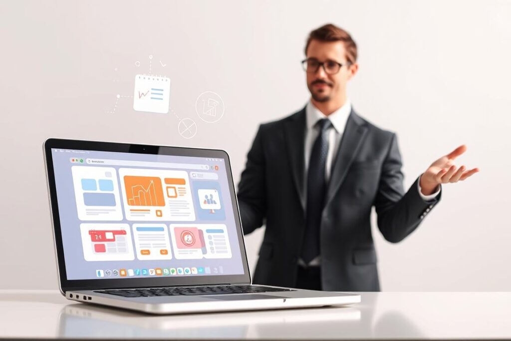 Uma ilustração moderna e minimalista de técnicas de vendas online. Em primeiro plano, uma tela de laptop estilizada exibe uma variedade de abas do navegador e ícones de marketing digital. No centro, um empresário de terno com aparência profissional gesticula em direção ao laptop, transmitindo uma atmosfera informativa e educativa. O fundo é um gradiente simples e limpo, permitindo que o sujeito ocupe o centro do palco. A iluminação é suave e difusa, criando uma sensação de clareza e foco. O clima geral é de eficiência, expertise e capacidade de alavancar estratégias de vendas digitais com eficácia.