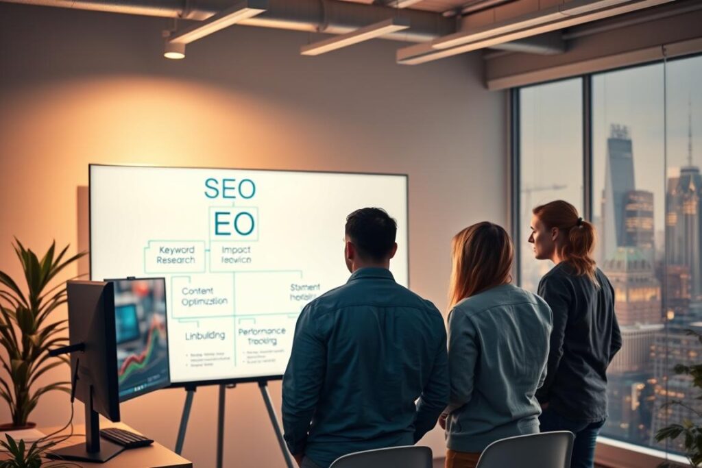 Um escritório moderno de agência de marketing digital, repleto de energia vibrante e insights estratégicos. Em primeiro plano, uma equipe de profissionais reunidos em torno de um grande monitor, analisando dados de SEO e elaborando táticas impactantes. Uma iluminação suave ilumina o cenário, criando uma atmosfera de criatividade focada. No centro, um quadro branco elegante exibe os principais pilares de uma estratégia de SEO: pesquisa de palavras-chave, otimização de conteúdo, link building e monitoramento de desempenho. O fundo exibe uma paisagem urbana dinâmica, um aceno ao alcance e à escala globais do marketing online. A composição geral transmite a natureza estratégica, orientada por dados e com visão de futuro das práticas de SEO bem-sucedidas.