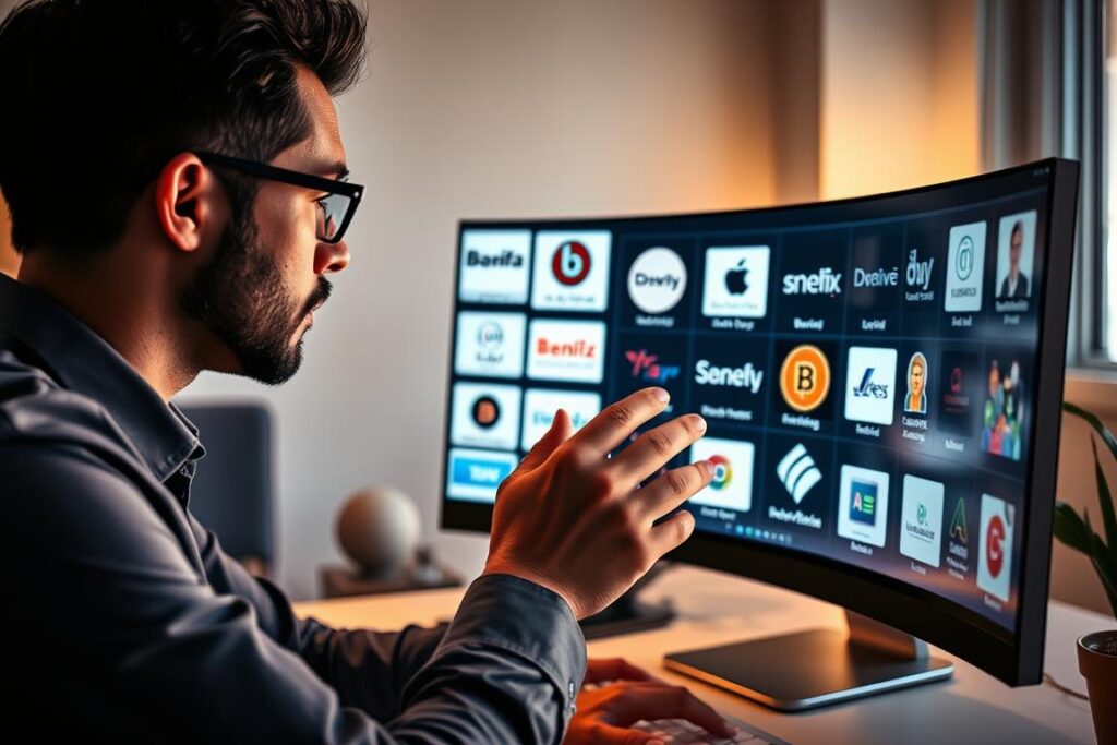 Um profissional de negócios examina e compara atentamente diversos logotipos e ícones de marcas exibidos em uma tela de computador, em busca de potenciais oportunidades de parceria. O cenário se passa em um escritório moderno com decoração clean e minimalista, iluminado por uma iluminação quente e direcional que projeta sombras interessantes. A atmosfera geral transmite uma sensação de foco, diligência e pensamento estratégico, enquanto o indivíduo avalia os ativos visuais de branding de diferentes empresas, buscando as combinações mais promissoras para colaborações mutuamente benéficas.