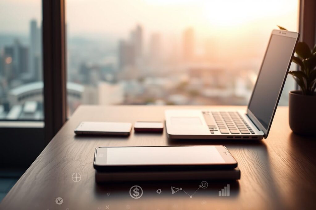Um espaço de trabalho digital tranquilo, com um laptop, um smartphone e um tablet dispostos ordenadamente sobre uma mesa minimalista de madeira. O cenário é banhado por uma iluminação suave e aconchegante, criando uma atmosfera relaxante e produtiva. Ao fundo, uma paisagem urbana ou natural desfocada sugere a natureza digital da renda passiva. O primeiro plano apresenta ícones, gráficos e outros elementos visuais que sugerem oportunidades de negócios online, enquanto a composição geral transmite uma sensação de segurança financeira e liberdade pessoal associada à renda passiva digital.