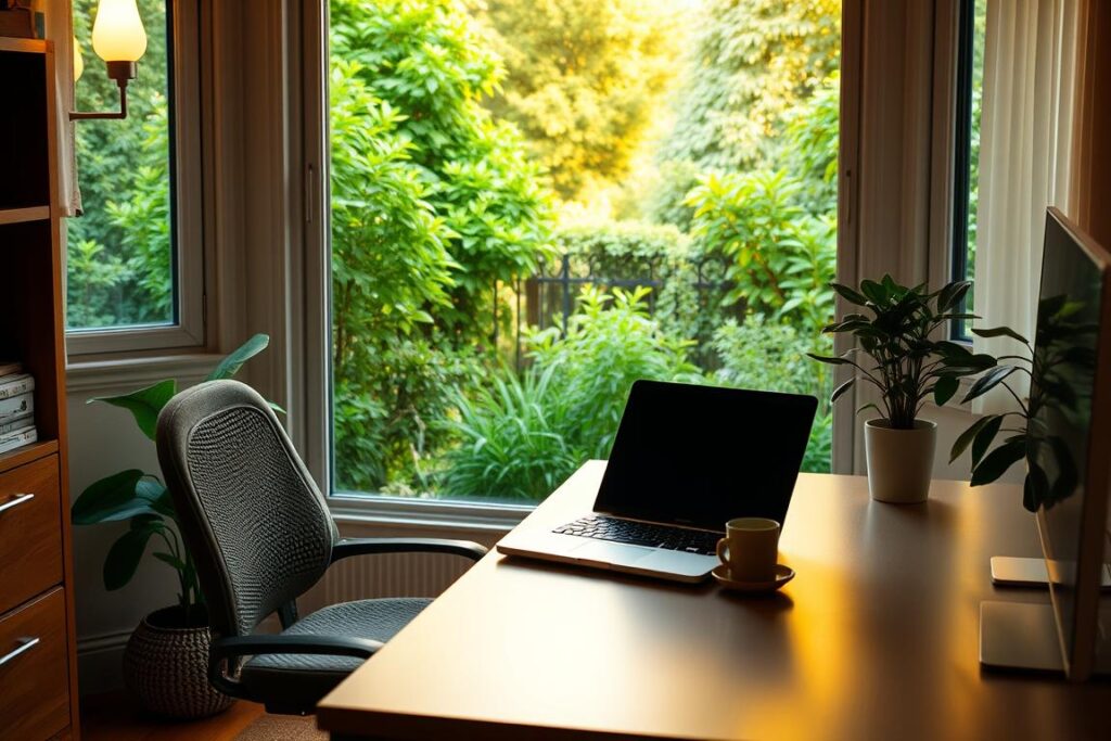 Um home office tranquilo com um laptop, uma cadeira confortável e uma janela ampla com vista para um jardim verdejante. A luz natural e quente penetra, projetando um brilho suave no espaço de trabalho. Um vaso de plantas sobre a mesa adiciona um toque de vida e uma sensação de conexão com a natureza. O ambiente exala uma sensação de foco, produtividade e bem-estar, incorporando os benefícios do trabalho remoto: flexibilidade, equilíbrio entre vida pessoal e profissional e a capacidade de criar um ambiente de trabalho personalizado e confortável.