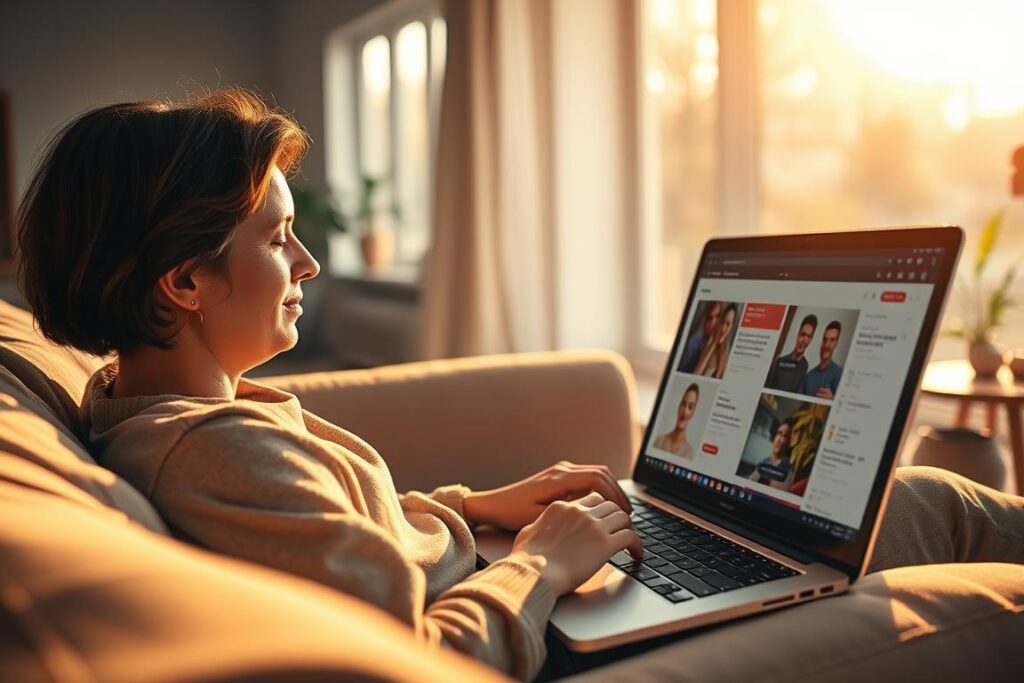 Uma cena serena de uma pessoa relaxando em um sofá confortável, com o laptop aberto, desfrutando de um fluxo constante de conteúdo na tela. A sala de estar é banhada por uma luz quente e dourada que se filtra pelas grandes janelas, criando uma atmosfera aconchegante e convidativa. A expressão da pessoa transmite uma sensação de foco e engajamento, seus dedos dançando sobre o teclado enquanto navegam pela paisagem digital. Ao fundo, toques sutis de verde e decoração minimalista sugerem uma estética minimalista de inspiração escandinava. O clima geral é de produtividade, conforto e a capacidade de gerar renda adicional sem esforço, a partir da conveniência da própria casa.