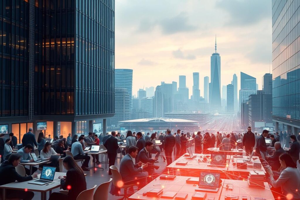 Um mercado digital vibrante e movimentado, tendo como pano de fundo uma paisagem urbana moderna. Em primeiro plano, uma gama diversificada de trabalhadores remotos colabora em laptops, cercados por interfaces holográficas e espaços de reunião virtuais. O plano intermediário apresenta um fluxo dinâmico de dados, conectando profissionais em todo o mundo. Ao fundo, arranha-céus e polos tecnológicos se erguem, simbolizando o crescimento e a evolução do setor de trabalho remoto. Uma iluminação quente e difusa cria uma sensação de produtividade e inovação, enquanto uma névoa sutil evoca a natureza interconectada e sem fronteiras desse ambiente de trabalho digital. A cena transmite a energia, a flexibilidade e o alcance global do mercado de trabalho remoto.