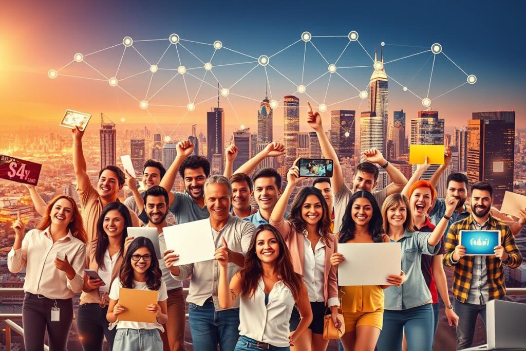 Uma colagem vibrante que retrata o conceito de "marketing de afiliados". Em primeiro plano, um grupo diversificado de afiliados promove com entusiasmo diversos produtos e serviços, cada um com personalidade e estratégia de marketing distintas. No centro, uma rede de conexões e transações digitais, simbolizando a natureza colaborativa do marketing de afiliados. Ao fundo, uma paisagem urbana com arranha-céus e displays digitais, representando o alcance e a escala globais dessa abordagem de marketing. A cena é iluminada por uma luz quente e dourada, transmitindo uma sensação de sucesso e prosperidade. A composição geral reflete a segmentação dos tipos de afiliados e as estratégias comprovadas para um marketing de afiliados eficaz.