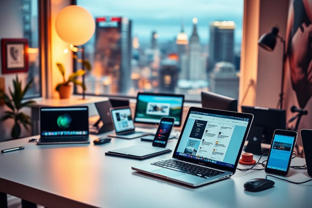 A vibrant, dynamic workspace with various freelance platforms for writers and editors. A sleek desktop in the foreground, showcasing a range of digital tools and interfaces. In the middle ground, a diverse array of devices - laptops, tablets, and smartphones - representing the versatility of remote work. The background features a blurred cityscape, hinting at the global reach and collaborative nature of the freelance economy. The lighting is soft and warm, creating a productive and inspiring atmosphere. The overall composition conveys the interconnectedness and flexibility of the freelance world for content creators.
