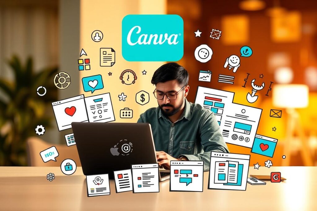 A vibrant, modern graphic design featuring a variety of Canva design elements and tools. In the foreground, an entrepreneur is working intently on a laptop, surrounded by a dynamic array of Canva-branded icons, infographics, and design templates. The middle ground showcases various Canva interface elements and UI components, hinting at the platform's user-friendly functionality. The background features a blurred, colorful gradient that evokes a sense of creativity and entrepreneurial energy. The overall scene is lit by warm, directional lighting that casts subtle shadows, creating depth and emphasizing the key subject matter. The composition is balanced and visually engaging, capturing the essence of using Canva to build a successful business. Um design gráfico vibrante e moderno com uma variedade de elementos e ferramentas de design do Canva. Em primeiro plano, um empreendedor trabalha intensamente em um laptop, cercado por uma variedade dinâmica de ícones, infográficos e modelos de design da marca Canva. O plano central exibe vários elementos da interface e componentes de interface do usuário do Canva, sugerindo a funcionalidade amigável da plataforma. O fundo apresenta um gradiente colorido e desfocado que evoca uma sensação de criatividade e energia empreendedora. A cena geral é iluminada por uma iluminação quente e direcional que projeta sombras sutis, criando profundidade e enfatizando o assunto principal. A composição é equilibrada e visualmente envolvente, capturando a essência do uso do Canva para construir um negócio de sucesso.