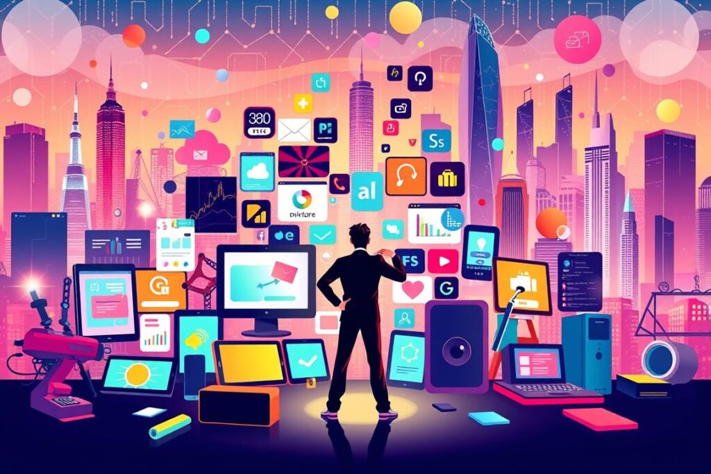 Uma ilustração vibrante e visualmente envolvente que descreve as principais estratégias para o sucesso do marketing de afiliados. Em primeiro plano, uma figura dinâmica se destaca em meio a uma seleção criteriosa de dispositivos digitais e ferramentas de marketing, representando as diversas táticas e canais utilizados por afiliados de sucesso. O plano central apresenta uma colagem de anúncios digitais, imagens de produtos e plataformas de mídia social, destacando as diversas formas de promoção. Ao fundo, uma paisagem urbana elegante e moderna com arranha-céus imponentes e uma atmosfera vibrante e repleta de tecnologia, transmitindo a sensação de um mercado próspero e impulsionado pelo digital. A composição geral deve transmitir energia, profissionalismo e potencial para oportunidades lucrativas de marketing de afiliados.