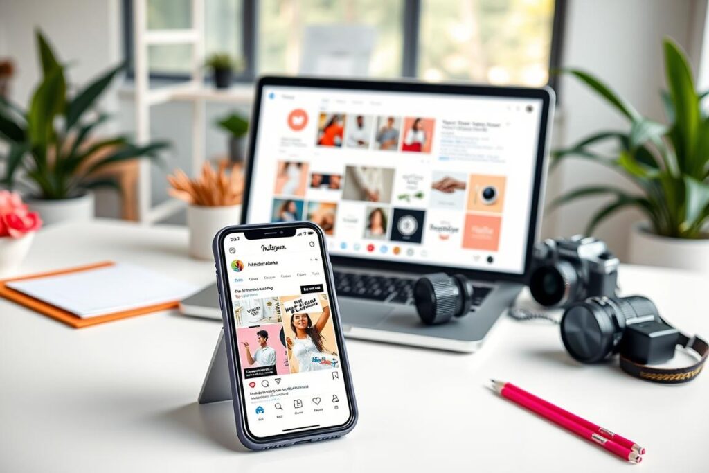 Uma imagem vibrante e visualmente envolvente de uma configuração de "Venda de Conteúdo Pago" no Instagram. Em primeiro plano, um smartphone estiloso exibe uma publicação no Instagram apresentando uma seleção de produtos ou serviços digitais disponíveis para compra. O smartphone está posicionado sobre uma mesa minimalista, porém refinada, com um laptop elegante, uma câmera de aparência profissional e uma variedade de materiais de escritório cuidadosamente organizados. O meio termo apresenta um feed do Instagram bem organizado e esteticamente agradável, com uma mistura de fotos de produtos, depoimentos e visuais envolventes. O fundo define o cenário com um espaço de trabalho moderno e arejado, repleto de luz natural e toques de verde, transmitindo uma sensação de profissionalismo e empreendedorismo digital. O clima geral é de requinte, sofisticação e a monetização bem-sucedida de uma presença no Instagram.
