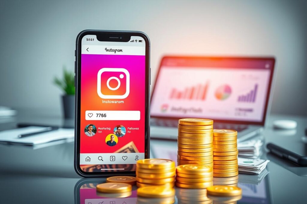 Uma imagem vibrante e visualmente envolvente que demonstra o potencial de monetização do Instagram. Em primeiro plano, um smartphone exibe uma interface estilizada do Instagram, com sua tela repleta de ícones coloridos e um número crescente de seguidores. No centro, uma pilha de moedas de ouro e notas de dólar representa as recompensas financeiras de uma monetização bem-sucedida no Instagram. O fundo apresenta um ambiente de escritório moderno e elegante, com um laptop, gráficos analíticos e outras ferramentas digitais, transmitindo a natureza profissional e estratégica de uma monetização eficaz no Instagram. A iluminação é brilhante e nítida, criando uma sensação de clareza e oportunidade. A composição geral e a paleta de cores evocam uma sensação de crescimento, prosperidade e o poder de alavancar o Instagram como uma plataforma poderosa para gerar renda.