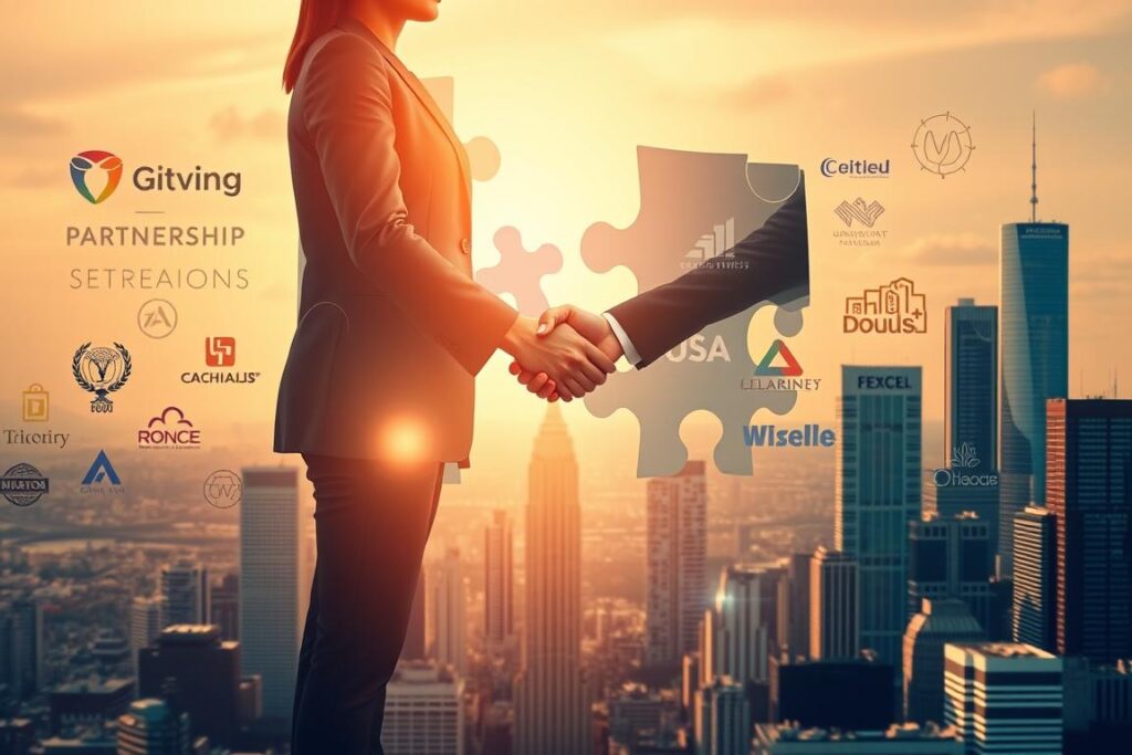 Uma cena visualmente impressionante de estratégia de parceria. Em primeiro plano, dois empresários apertando as mãos contra um fundo de peças de quebra-cabeça interligadas, simbolizando a colaboração. O plano central apresenta logotipos corporativos e elementos de branding, sugerindo a diversidade das parcerias entre as marcas. O fundo mostra uma paisagem urbana com arranha-céus, sugerindo a escala e o escopo dessas alianças estratégicas. A iluminação é aconchegante e convidativa, criando uma atmosfera de confiança e benefício mútuo. O ângulo da câmera é ligeiramente elevado, proporcionando uma visão abrangente do cenário conceitual da parceria. No geral, a imagem transmite a ideia de colaborações estratégicas entre as marcas de forma visualmente atraente e profissional.