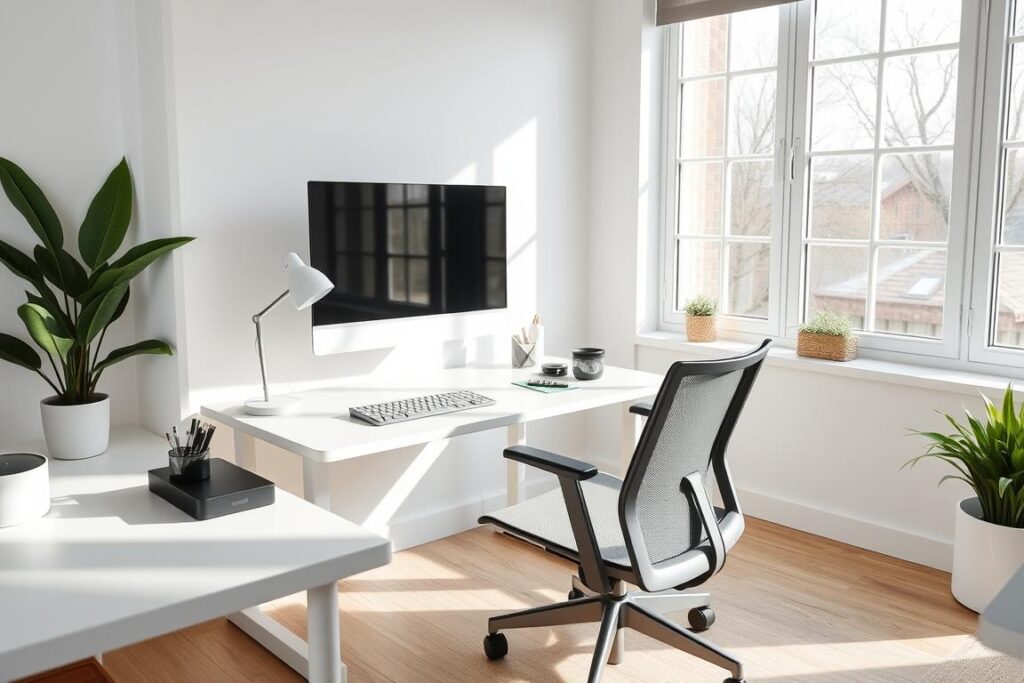 Um home office moderno e bem iluminado, com uma mesa elegante e minimalista, um monitor de computador de alta qualidade, uma cadeira ergonômica confortável, um teclado e mouse sem fio compactos e alguns acessórios organizacionais cuidadosamente selecionados, como um organizador de mesa e uma luminária. O ambiente possui janelas amplas que permitem a entrada de luz natural, criando um ambiente claro e arejado. As paredes são pintadas em uma paleta de cores neutras e relaxantes, e a estética geral é clean, profissional e propícia à produtividade.